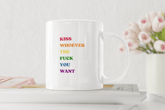 Kiss Whoever You Want Gay Pride LGBTQ+ Coffee Mug - beyourownherodesign